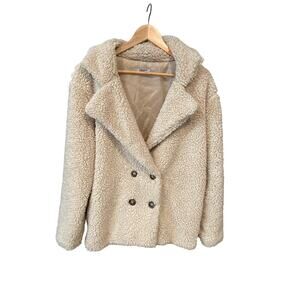Zeagoo Beige Faux Sherpa‎ Fleece Teddy Coat Women's Double Breasted Cozy Jacket